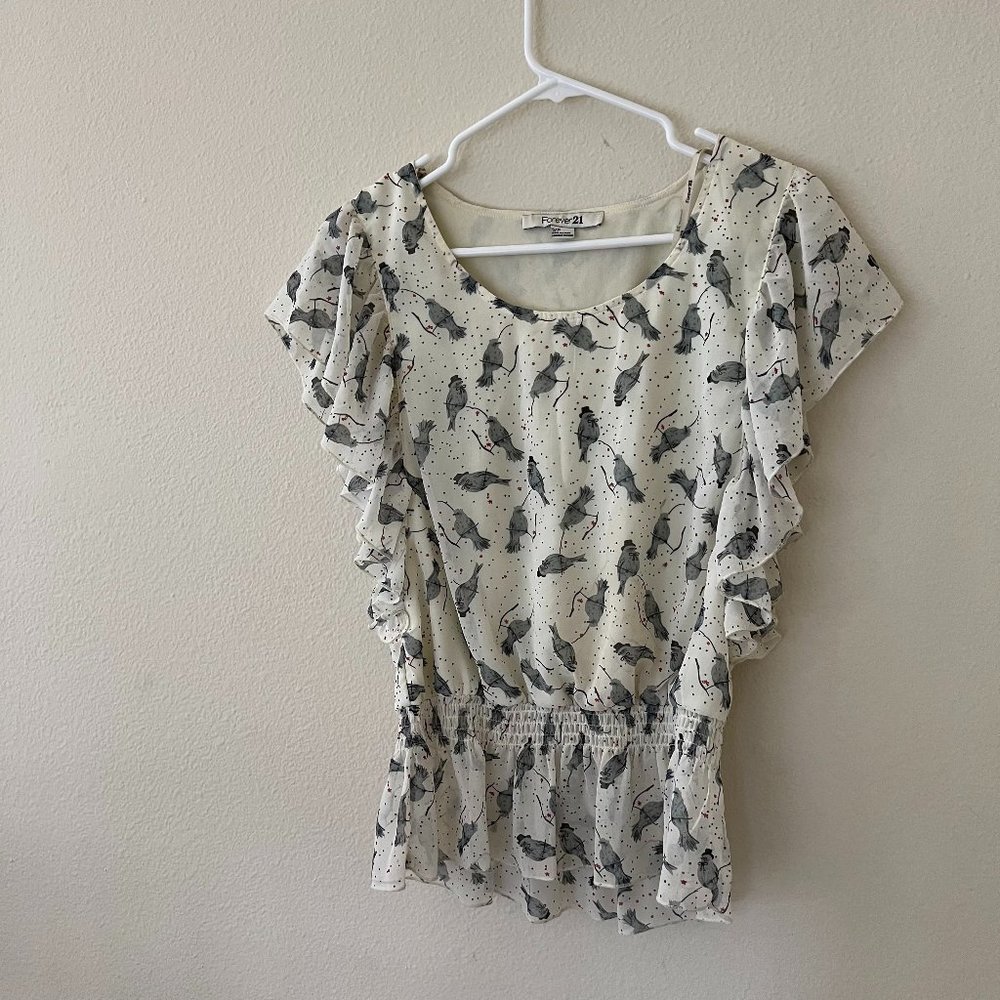 FOREVER 21 Polka Dot Chiffon Ruffle Peplum Belted Blouse Shirt Tank Top S
